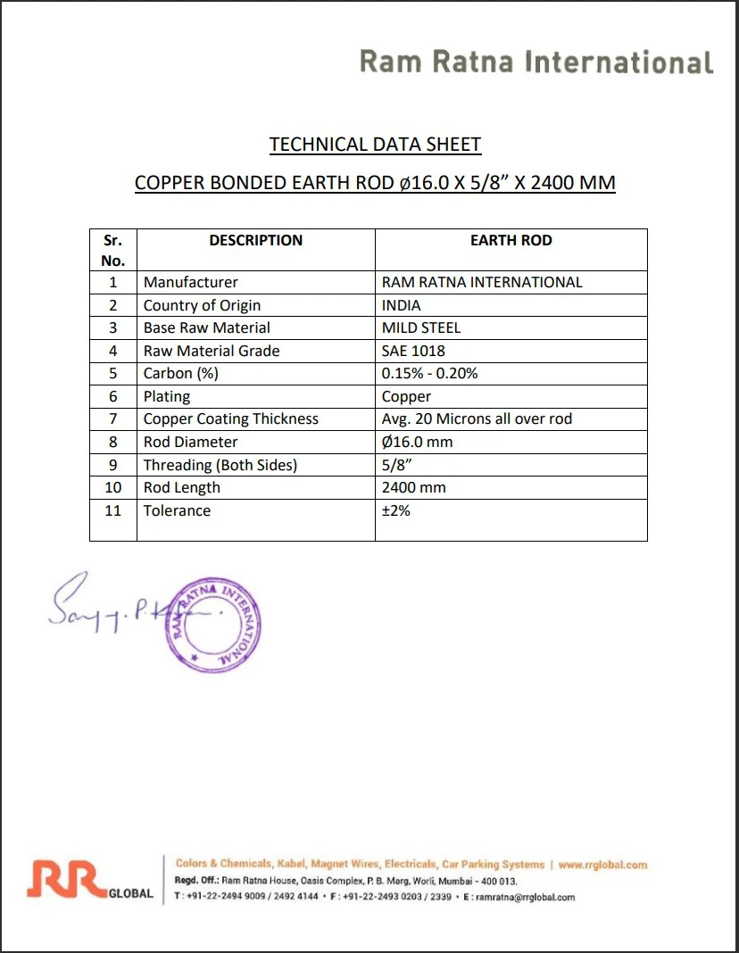 Bản thông số kỹ thuật cọc D16 của Ram Ratna.